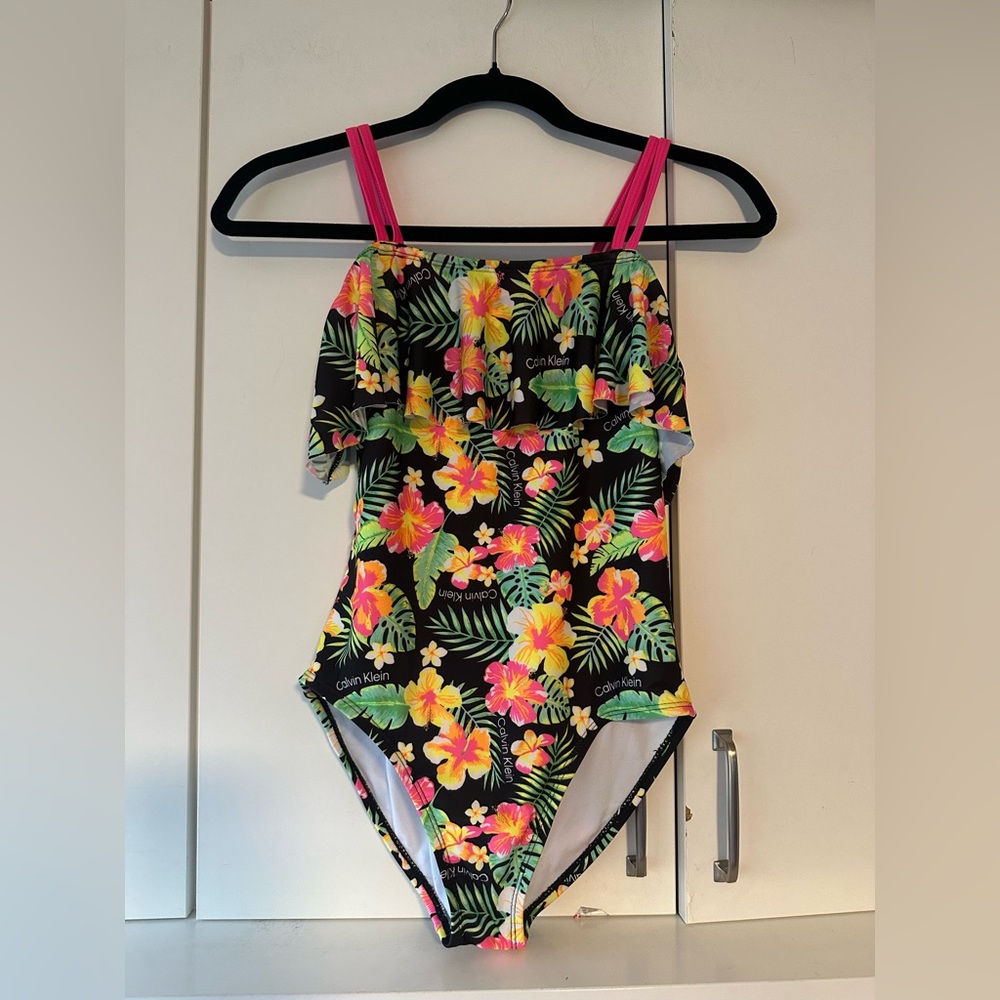 🌺 Calvin Klein Girls L Tropical One Piece Swimsuit Off Shoulder